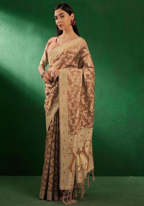 Cream Embroidered Silk Saree Set