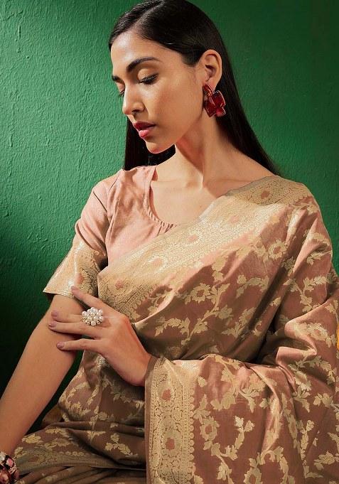 Cream Embroidered Silk Saree Set