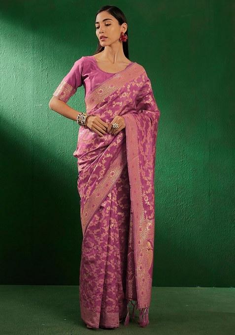 Baby Pink Embroidered Silk Saree Set