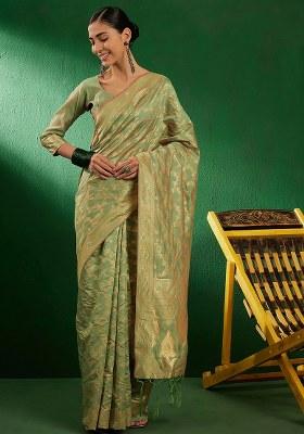 Pista Green Embroidered Silk Saree Set