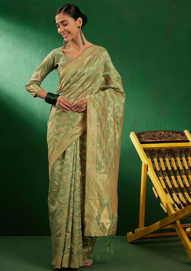 Pista Green Silk Saree Set with Embroidered for Diwali | Wedding & Festive Wear - Indya