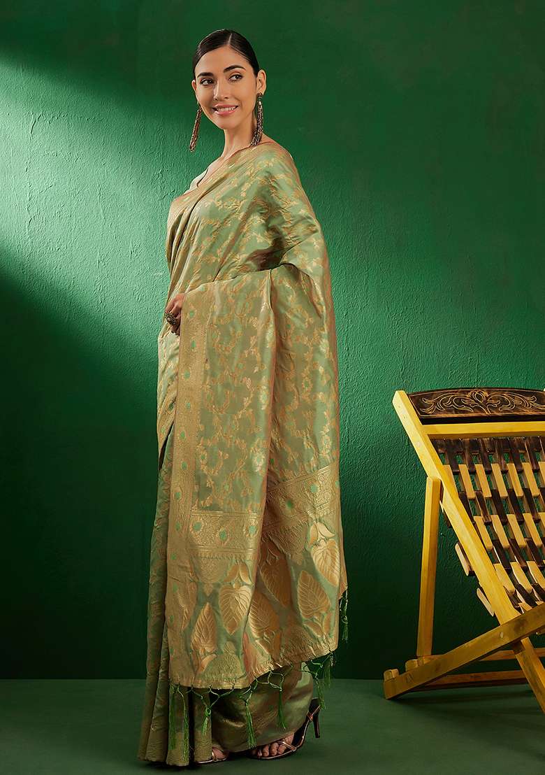 Pista Green Silk Saree Set with Embroidered for Diwali | Wedding & Festive Wear - Indya