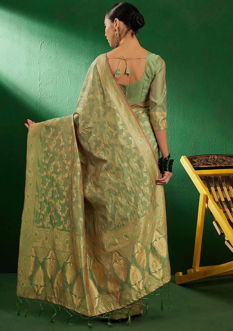 Pista Green Silk Saree Set with Embroidered for Diwali | Wedding & Festive Wear - Indya