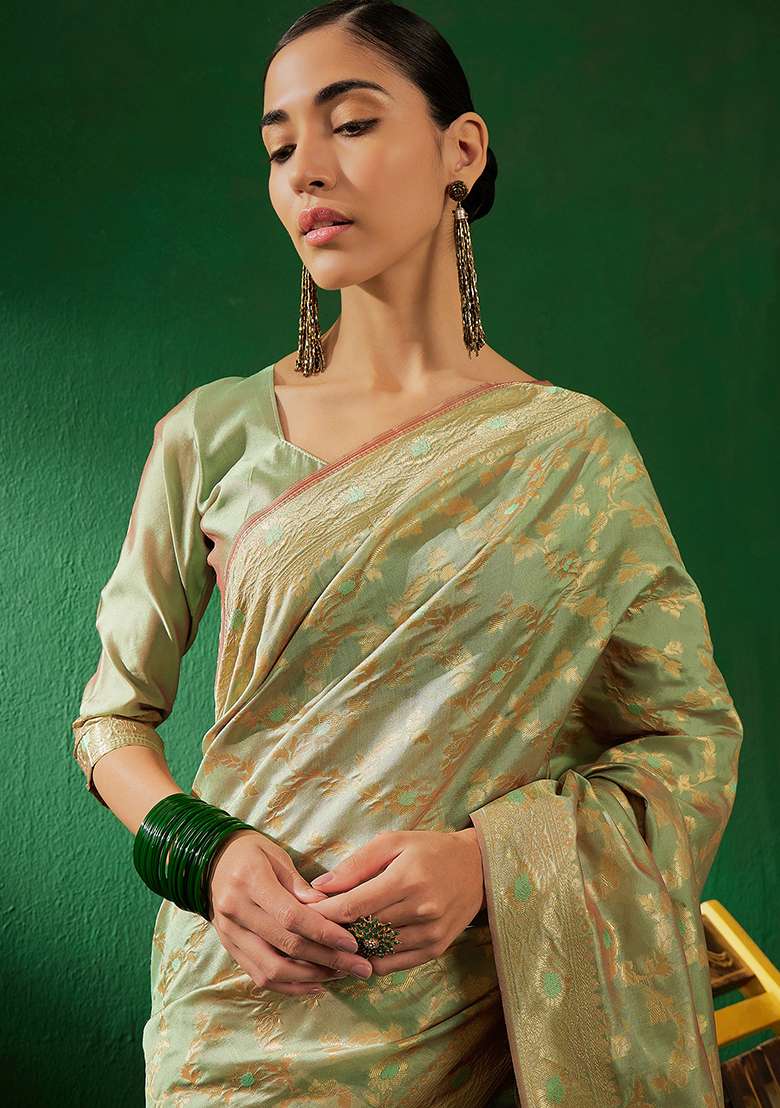 Pista Green Silk Saree Set with Embroidered for Diwali | Wedding & Festive Wear - Indya