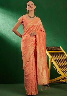 Peach Embroidered Silk Saree Set