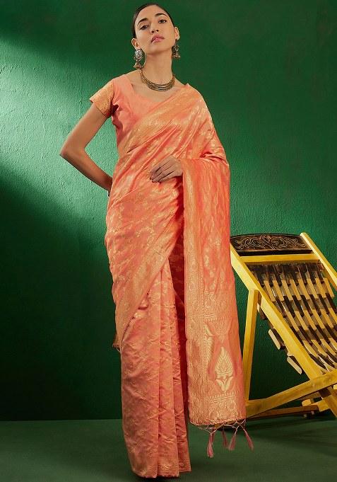 Peach Embroidered Silk Saree Set