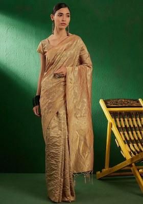 Beige Embroidered Silk Saree Set