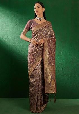 Grey Embroidered Silk Saree Set