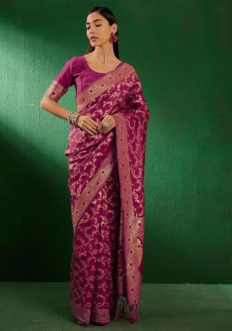 Burgundy Embroidered Silk Saree Set
