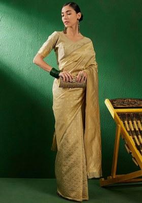Beige Embroidered Silk Saree Set