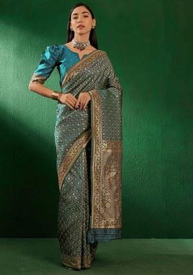 Sky Blue Embroidered Silk Saree Set