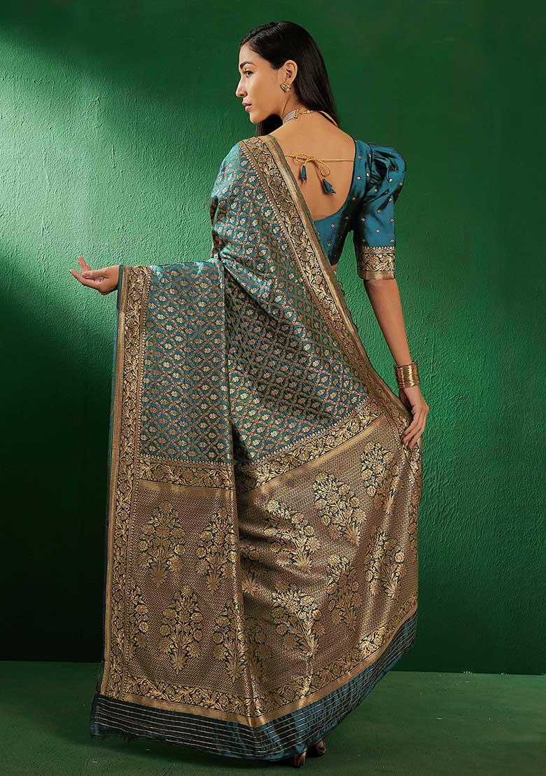 Sky Blue Embroidered Silk Saree Set