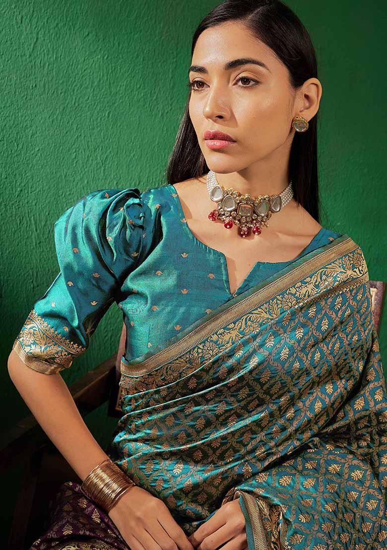 Sky Blue Embroidered Silk Saree Set