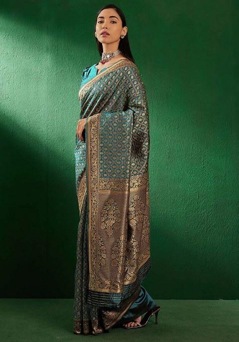 Sky Blue Embroidered Silk Saree Set