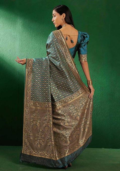 Sky Blue Embroidered Silk Saree Set