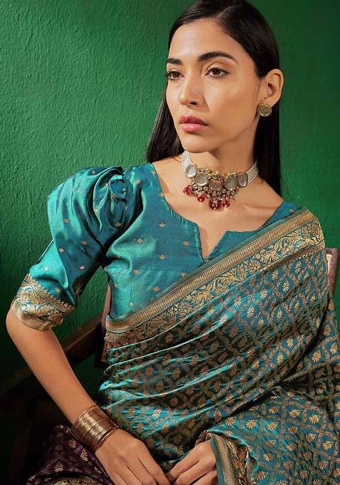 Sky Blue Embroidered Silk Saree Set