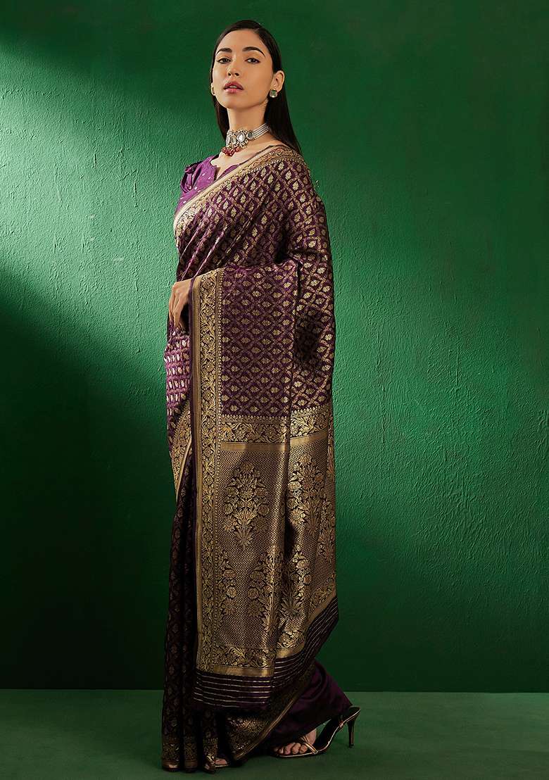 Purple Silk Blend Saree Set with Embroidered for Diwali | Wedding & Festive Wear - Indya