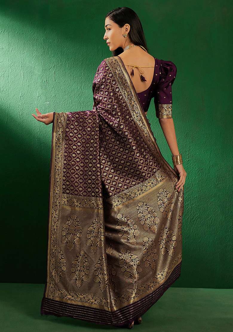 Purple Silk Blend Saree Set with Embroidered for Diwali | Wedding & Festive Wear - Indya