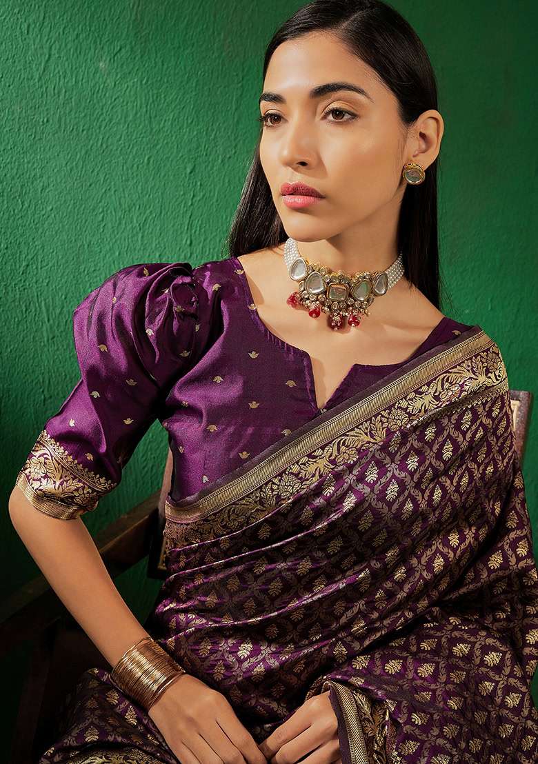 Purple Silk Blend Saree Set with Embroidered for Diwali | Wedding & Festive Wear - Indya