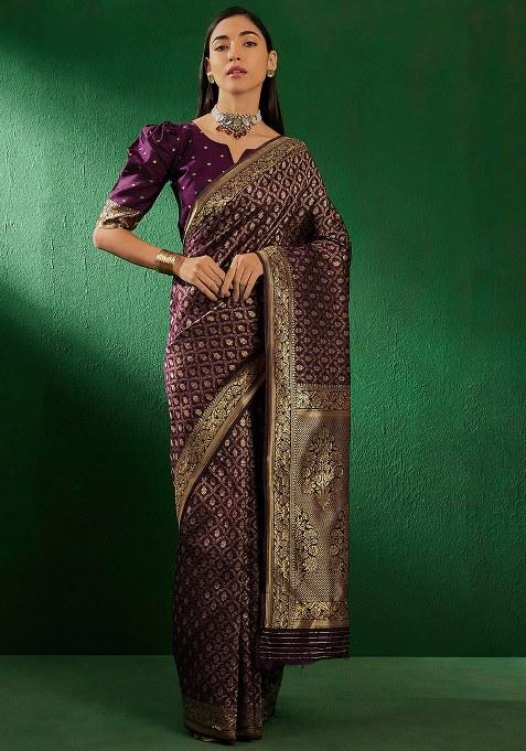 Purple Embroidered Silk Saree Set — view on Indya