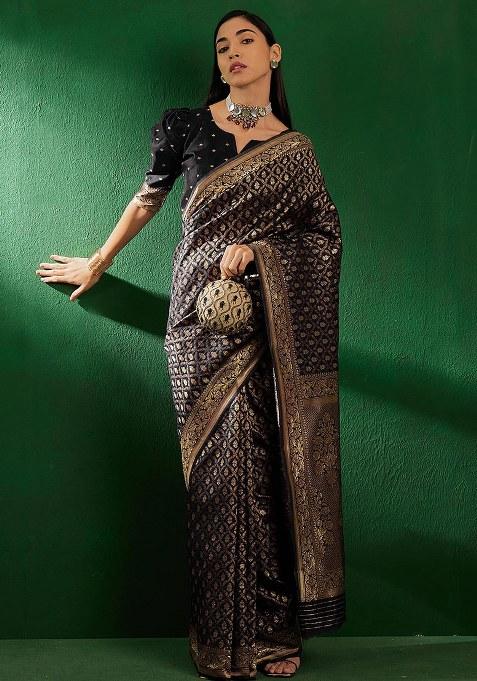 Black Embroidered Silk Saree Set