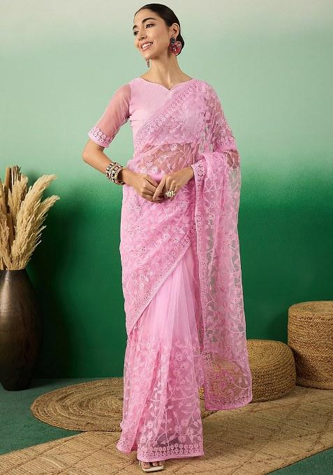 Baby Pink Embroidered Net Saree Set