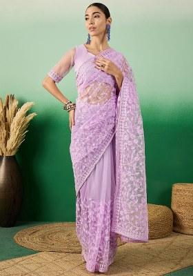 Lavender Embroidered Net Saree Set