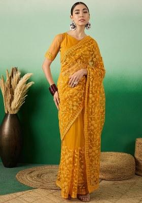 Mustard Embroidered Net Saree Set