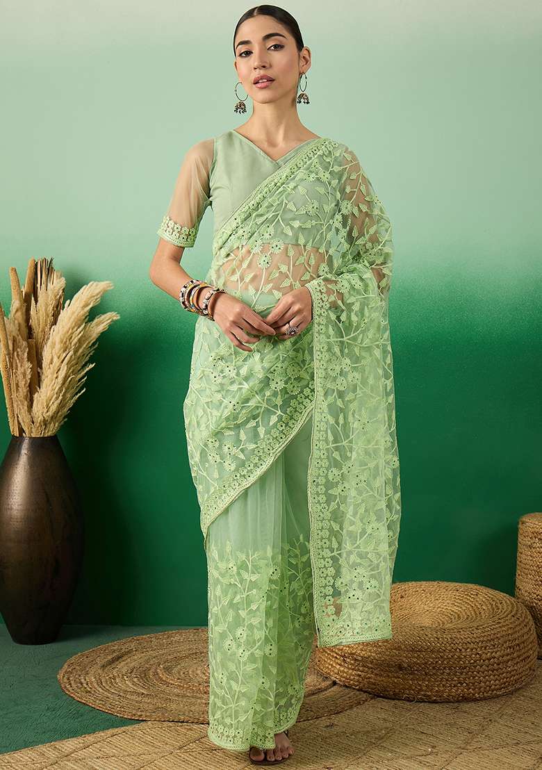 Pista Green Embroidered Net Saree Set for Diwali and Festive Wear - Indya
