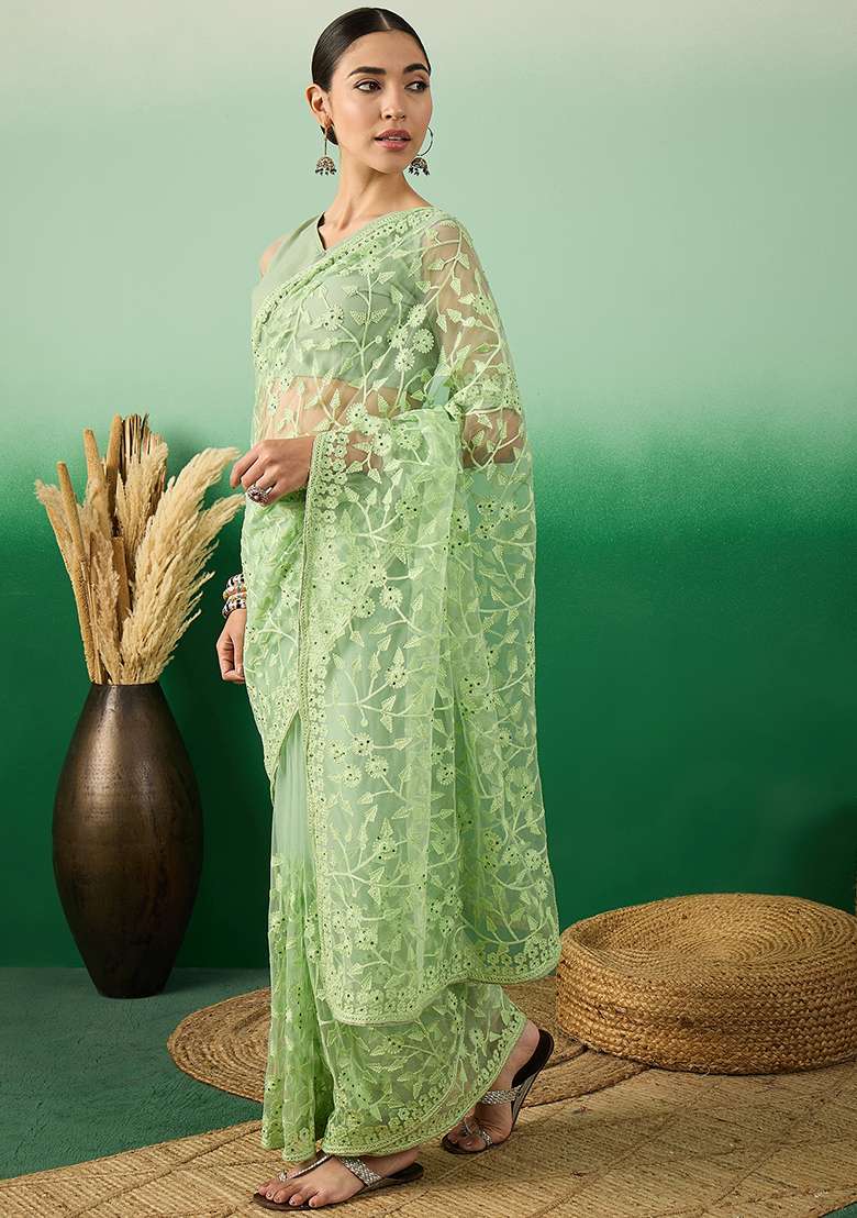 Pista Green Embroidered Net Saree Set for Diwali and Festive Wear - Indya