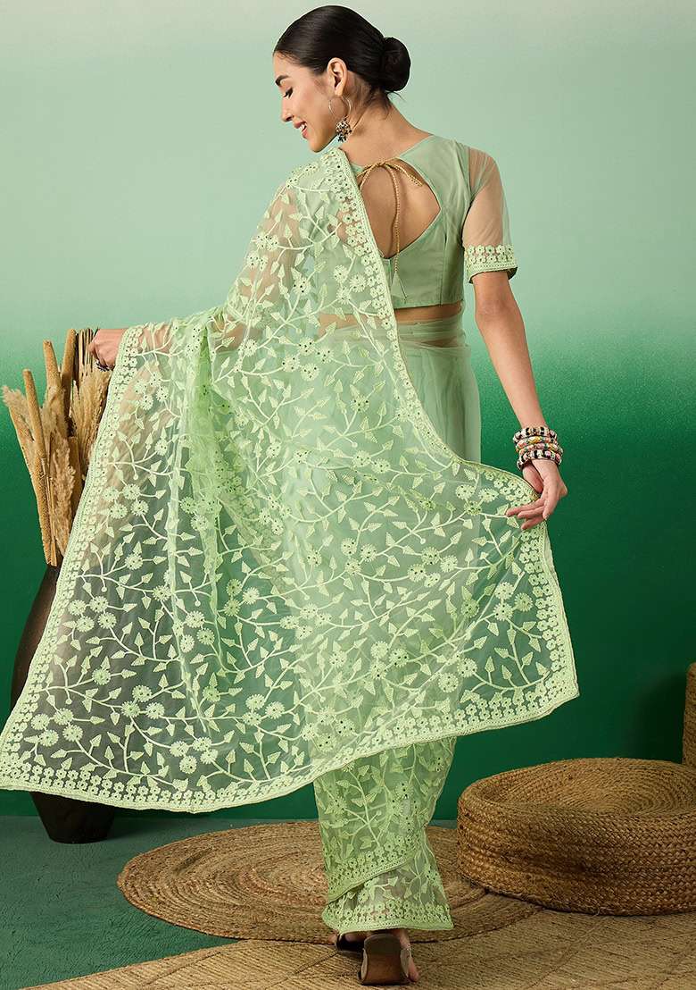 Pista Green Embroidered Net Saree Set for Diwali and Festive Wear - Indya