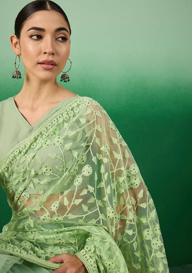 Pista Green Embroidered Net Saree Set for Diwali and Festive Wear - Indya