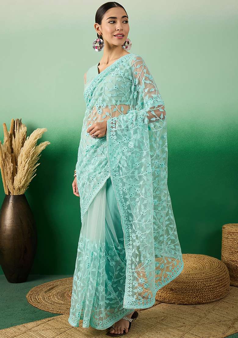 Sea Green Net Saree Set with Embroidered for Diwali | Wedding & Festive Wear - Indya