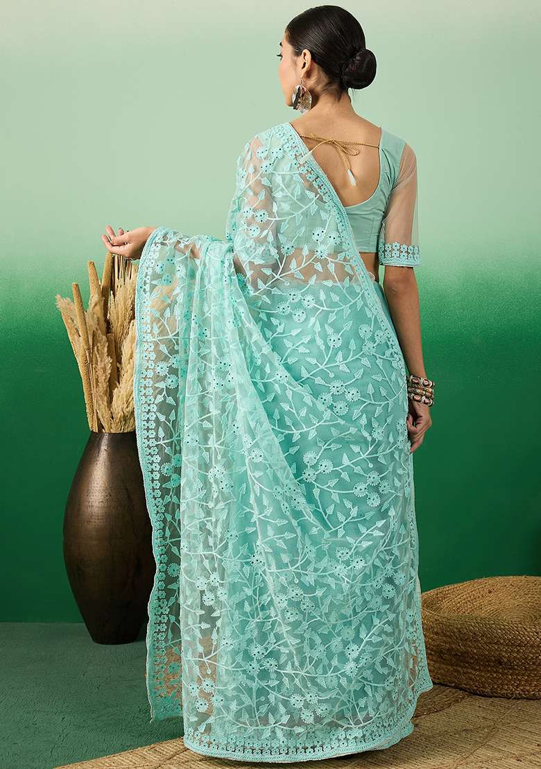 Sea Green Net Saree Set with Embroidered for Diwali | Wedding & Festive Wear - Indya