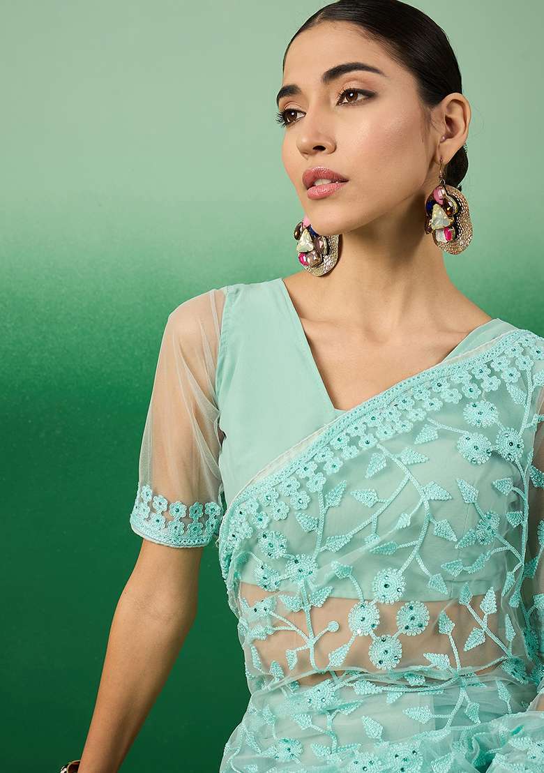 Sea Green Net Saree Set with Embroidered for Diwali | Wedding & Festive Wear - Indya