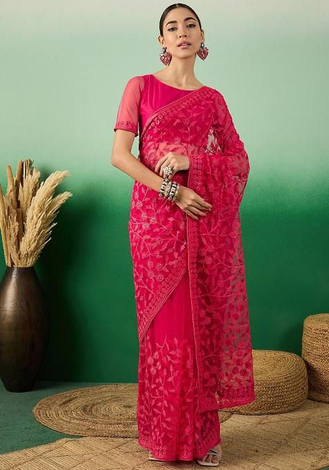 Pink Embroidered Net Saree Set