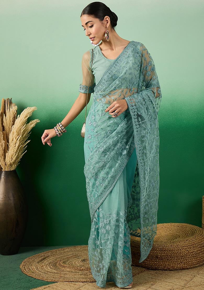 Teal Embroidered Net Saree Set