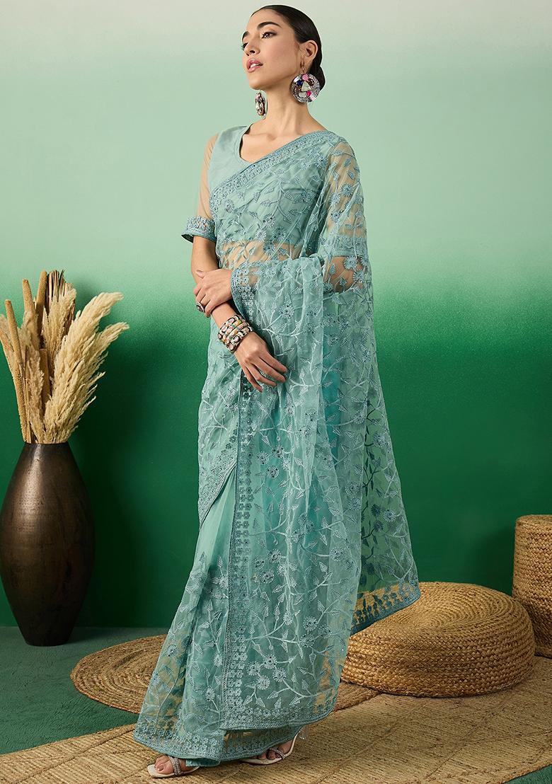 Teal Embroidered Net Saree Set