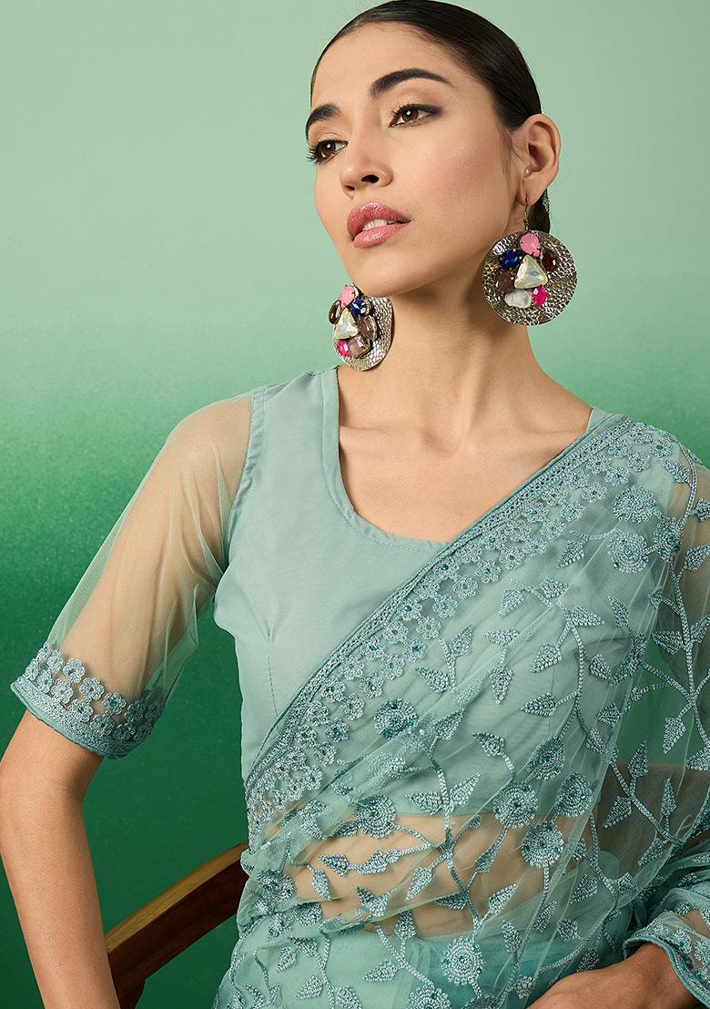 Teal Embroidered Net Saree Set