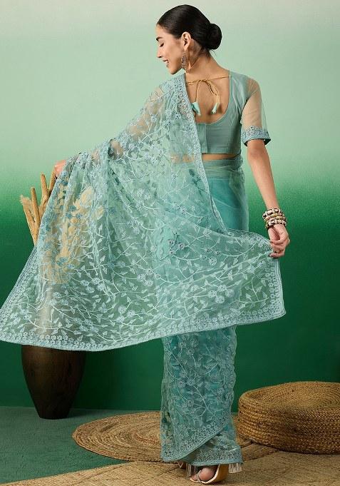 Teal Embroidered Net Saree Set