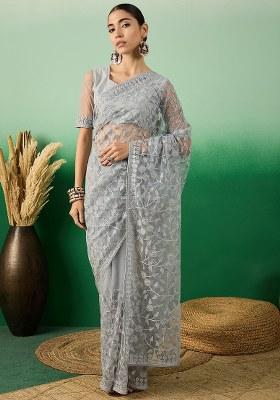 Grey Embroidered Net Saree Set