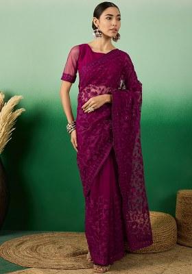 Purple Embroidered Net Saree Set