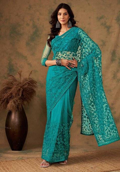 Firoji Embroidered Net Saree Set