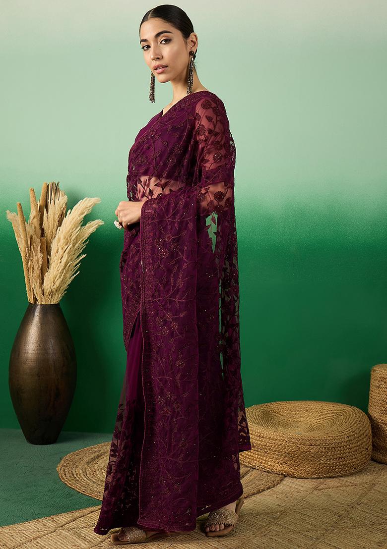 Wine Embroidered Net Saree Set