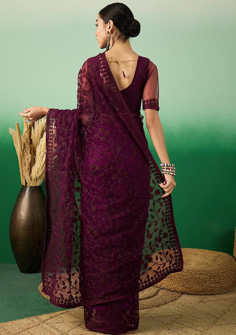 Wine Embroidered Net Saree Set