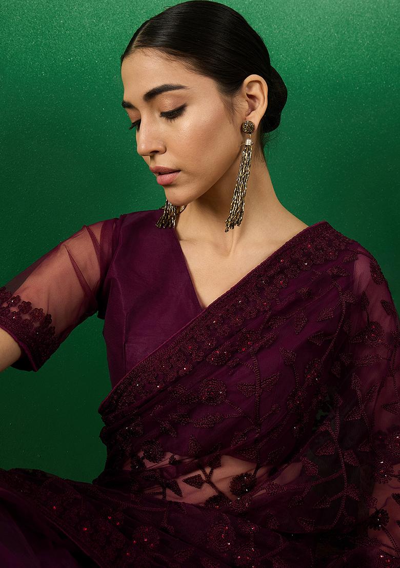 Wine Embroidered Net Saree Set