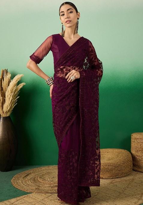 Wine Embroidered Net Saree Set