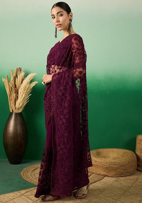 Wine Embroidered Net Saree Set