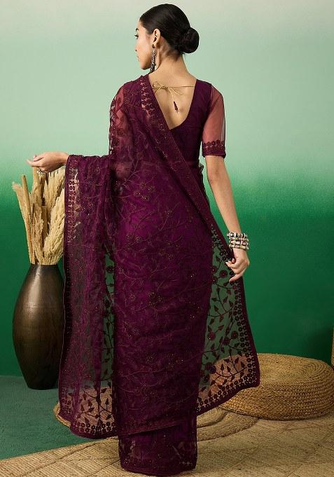Wine Embroidered Net Saree Set