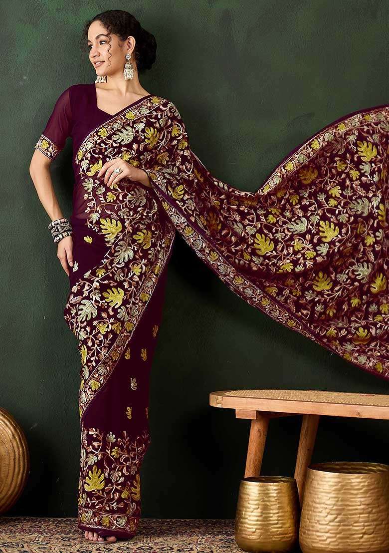 Burgundy Embroidered Georgette Saree Set for Diwali and Festive Wear - Indya